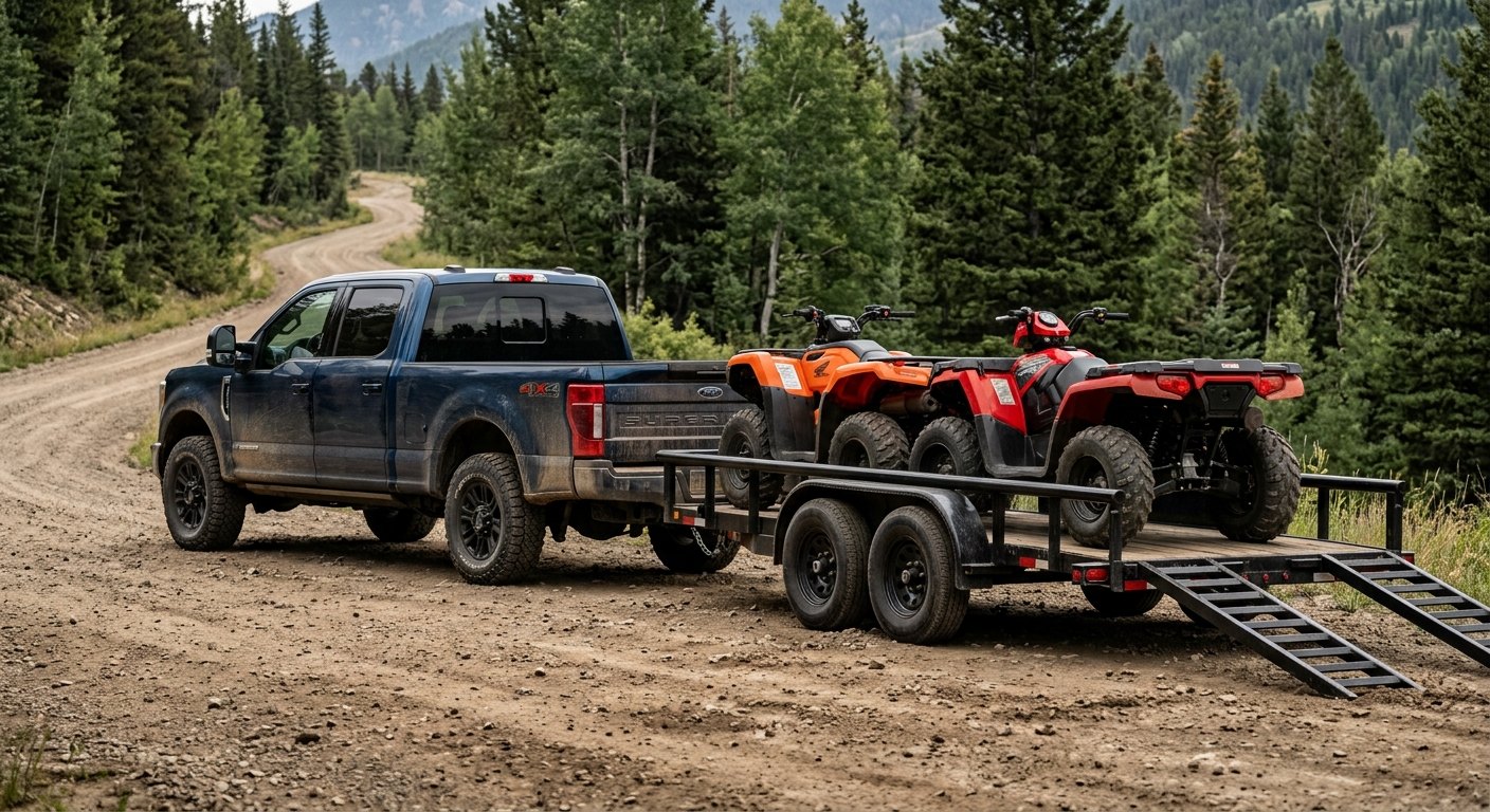 Pickup truck towing a trailer with two ATVs on a mountain dirt road
